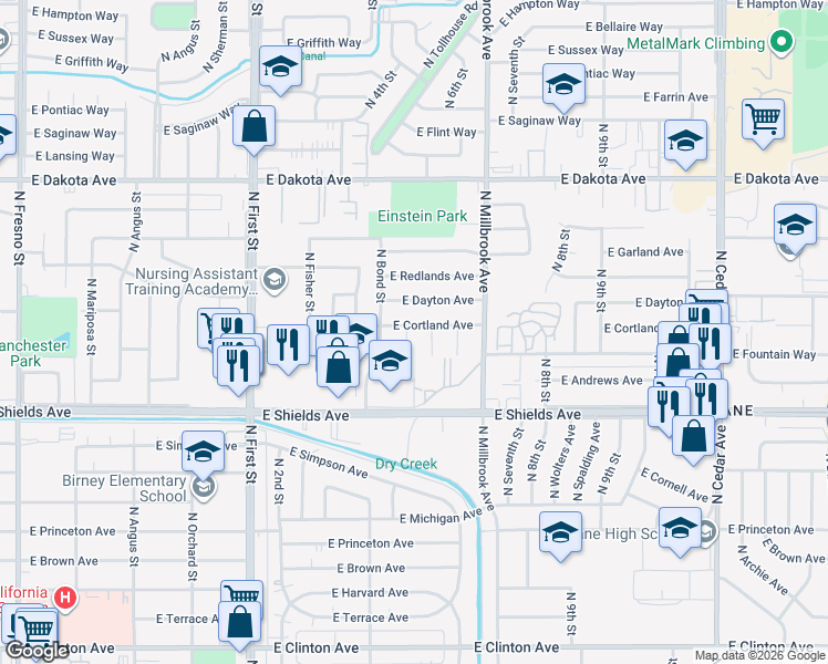 map of restaurants, bars, coffee shops, grocery stores, and more near 3407 North 5th Street in Fresno