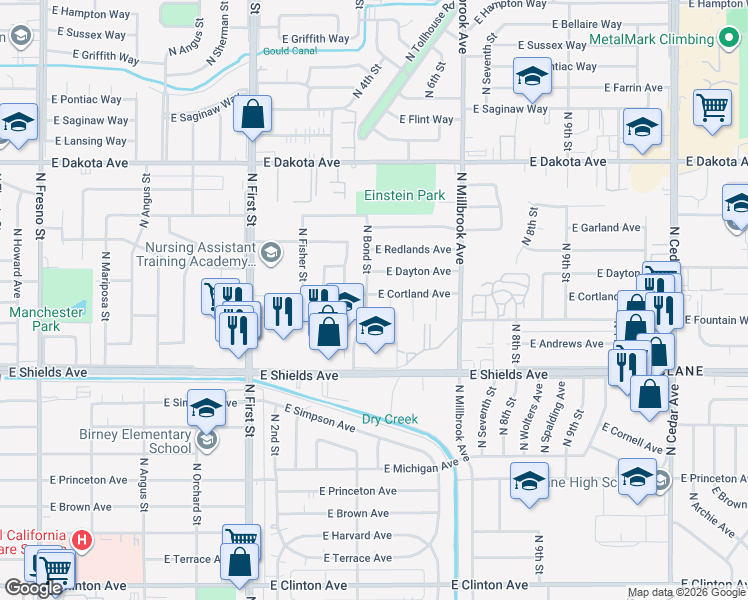 map of restaurants, bars, coffee shops, grocery stores, and more near 3414 North Bond Street in Fresno