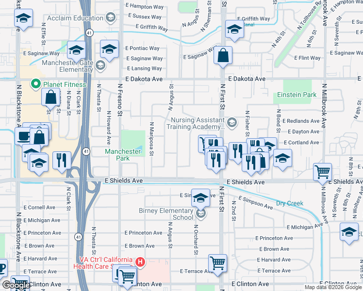 map of restaurants, bars, coffee shops, grocery stores, and more near 3341 North Callisch Street in Fresno