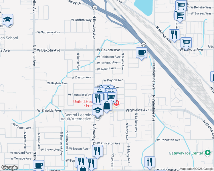 map of restaurants, bars, coffee shops, grocery stores, and more near 3715 West Cortland Avenue in Fresno