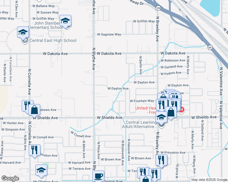 map of restaurants, bars, coffee shops, grocery stores, and more near 4247 West Cortland Avenue in Fresno