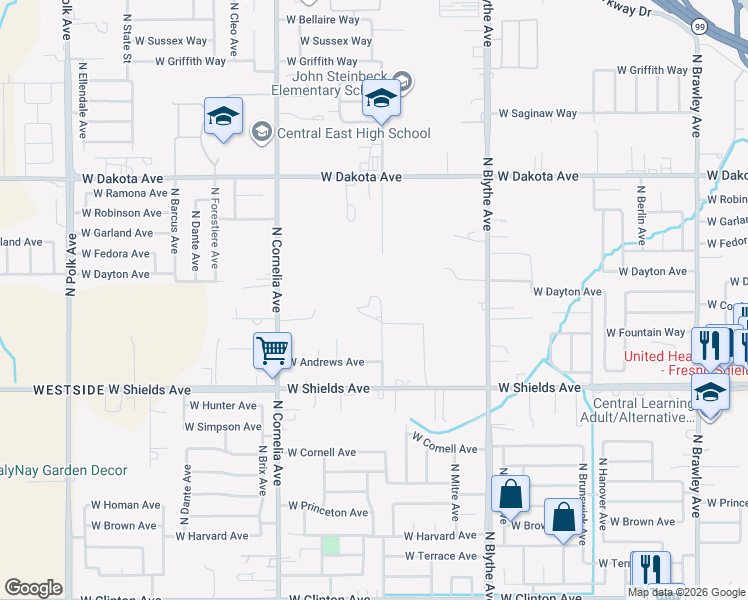 map of restaurants, bars, coffee shops, grocery stores, and more near 3125 North Milburn Avenue in Fresno
