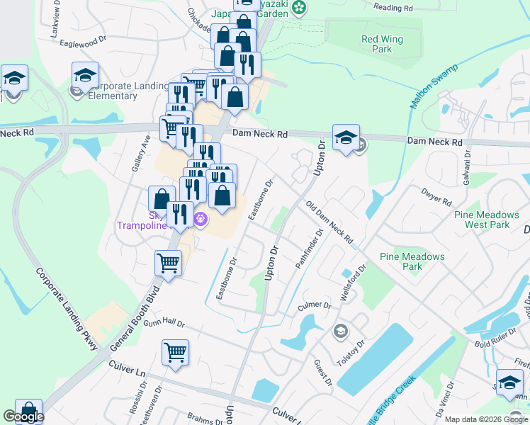 map of restaurants, bars, coffee shops, grocery stores, and more near 1724 Everest Circle in Virginia Beach