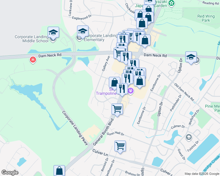 map of restaurants, bars, coffee shops, grocery stores, and more near 1633 Boles Place in Virginia Beach