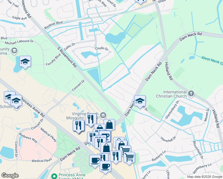 map of restaurants, bars, coffee shops, grocery stores, and more near 1709 Brigands Way in Virginia Beach