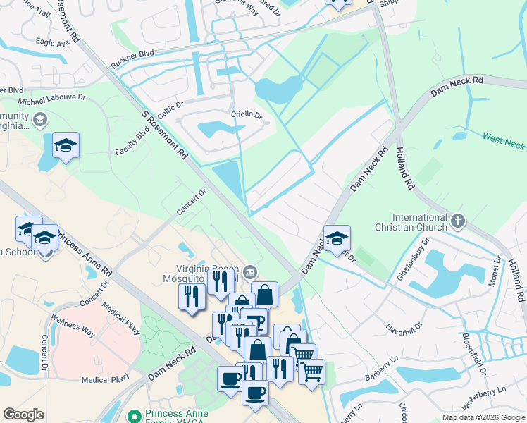 map of restaurants, bars, coffee shops, grocery stores, and more near 1709 Brigands Way in Virginia Beach