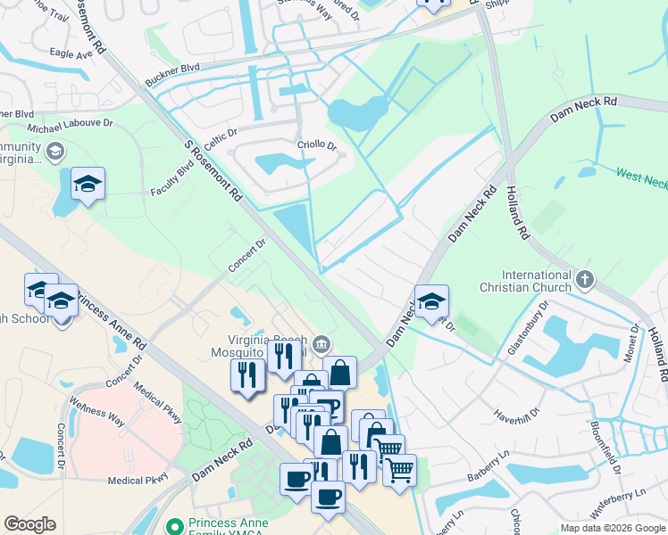 map of restaurants, bars, coffee shops, grocery stores, and more near 1709 Brigands Way in Virginia Beach