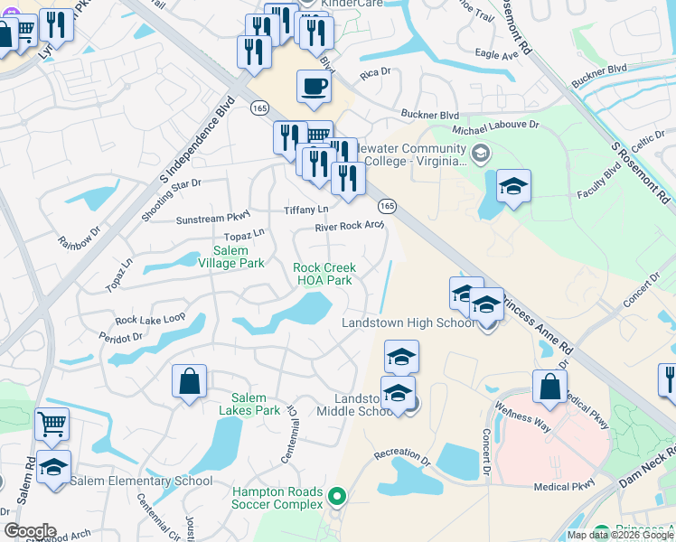 map of restaurants, bars, coffee shops, grocery stores, and more near 2001 White Water Drive in Virginia Beach