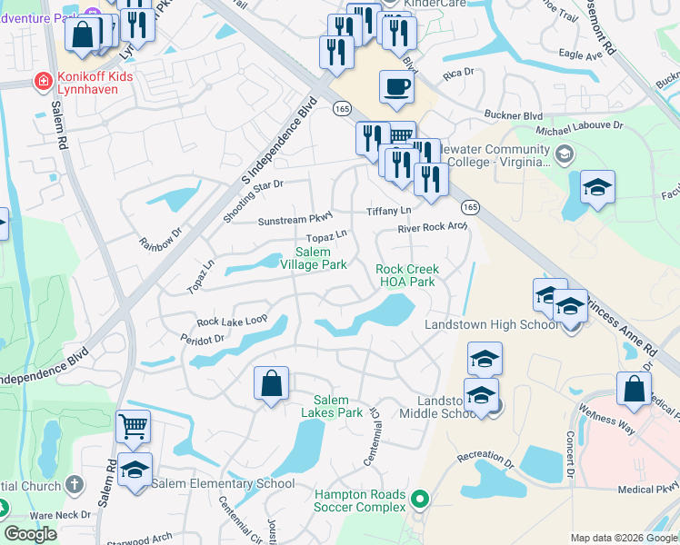 map of restaurants, bars, coffee shops, grocery stores, and more near 2025 Rippling Rock Drive in Virginia Beach