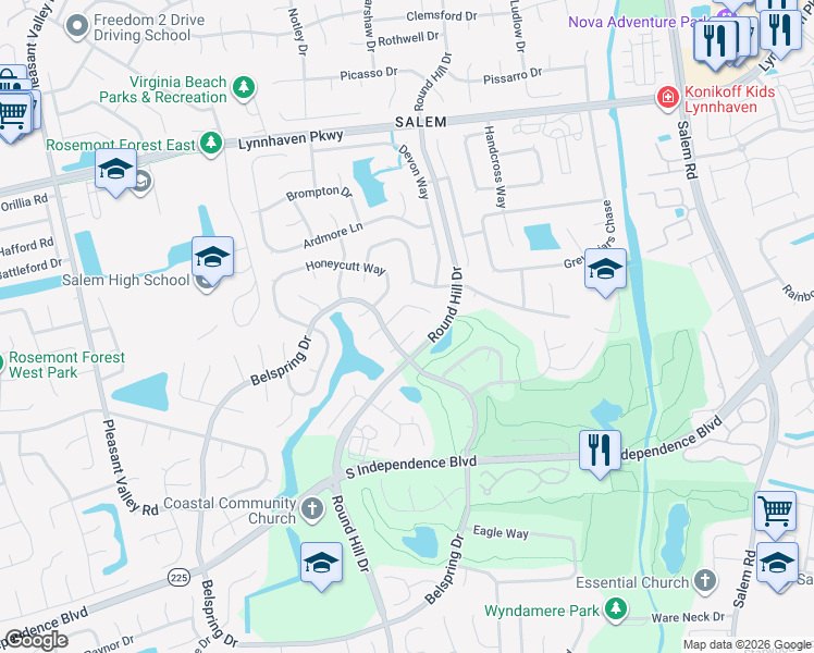 map of restaurants, bars, coffee shops, grocery stores, and more near 989 Blanding Court in Virginia Beach