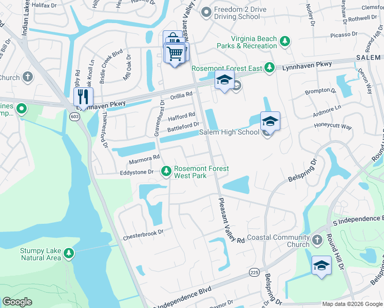 map of restaurants, bars, coffee shops, grocery stores, and more near 1245 Graylyn Road in Virginia Beach