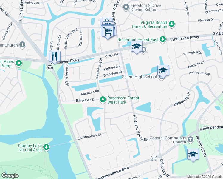 map of restaurants, bars, coffee shops, grocery stores, and more near 1245 Graylyn Road in Virginia Beach