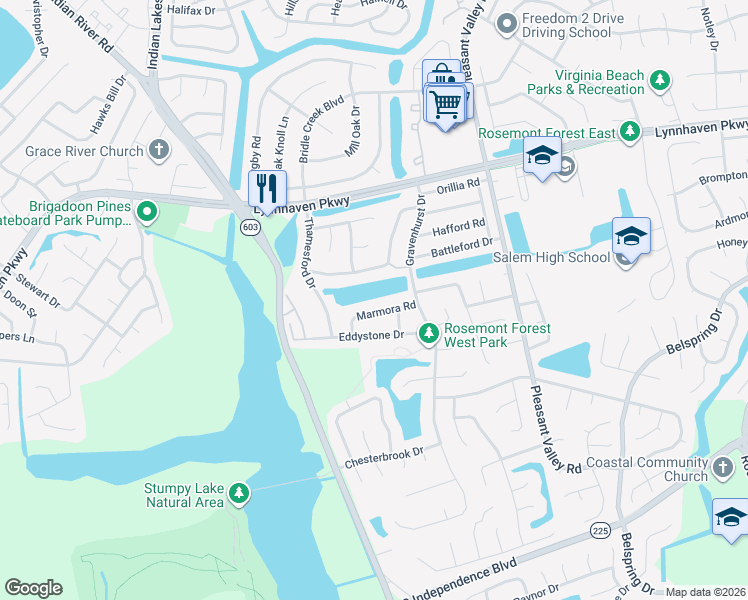 map of restaurants, bars, coffee shops, grocery stores, and more near 1449 Marmora Road in Virginia Beach