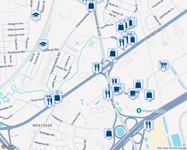 map of restaurants, bars, coffee shops, grocery stores, and more near 2080 South Military Highway in Chesapeake
