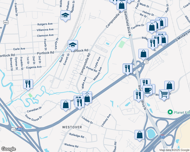 map of restaurants, bars, coffee shops, grocery stores, and more near 2014 Coral Avenue in Chesapeake