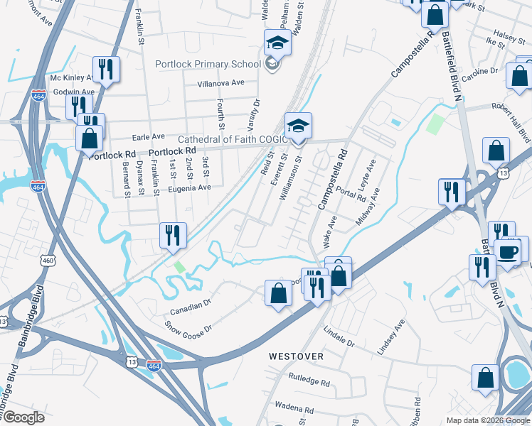 map of restaurants, bars, coffee shops, grocery stores, and more near 4192 Williamson Street in Chesapeake