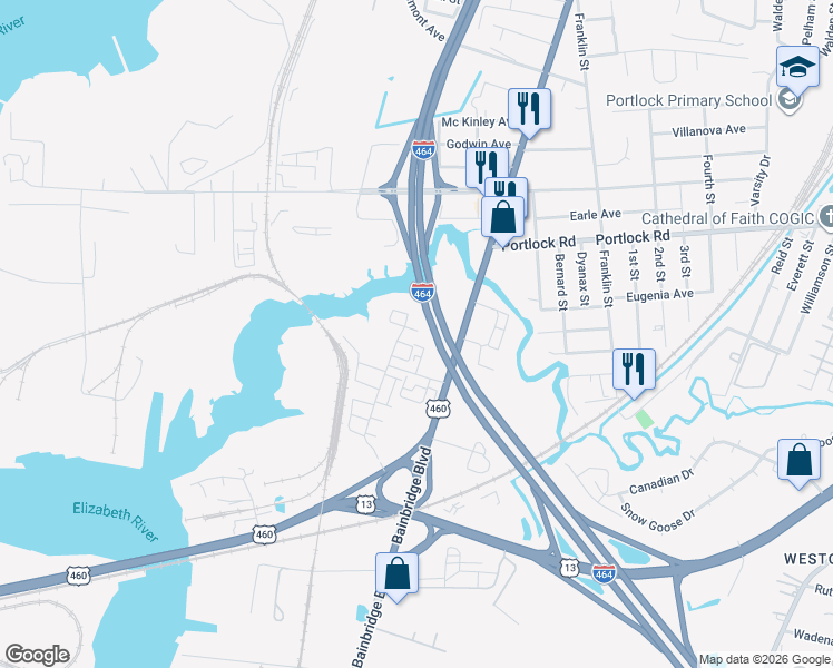 map of restaurants, bars, coffee shops, grocery stores, and more near 623 Muddy Creek Road in Chesapeake