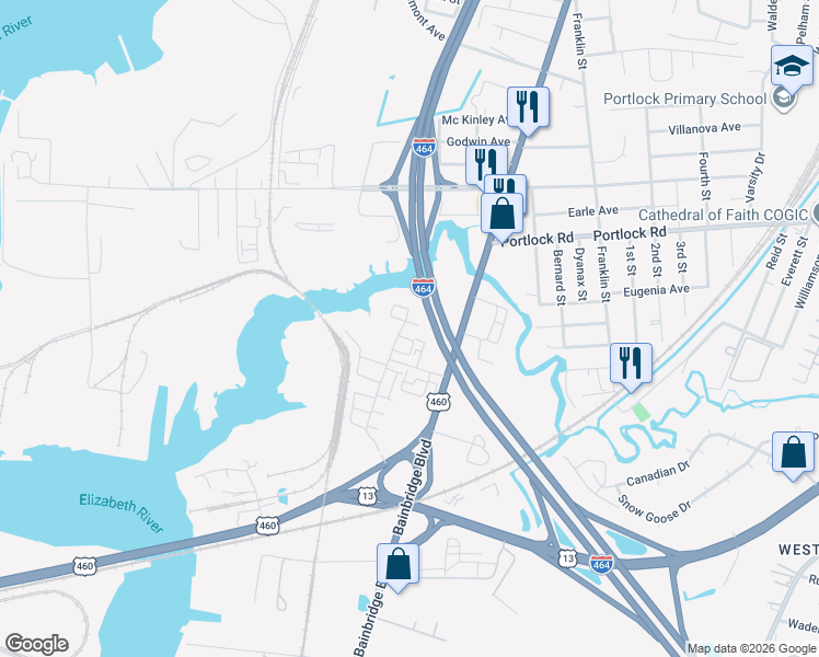 map of restaurants, bars, coffee shops, grocery stores, and more near 623 Muddy Creek Road in Chesapeake