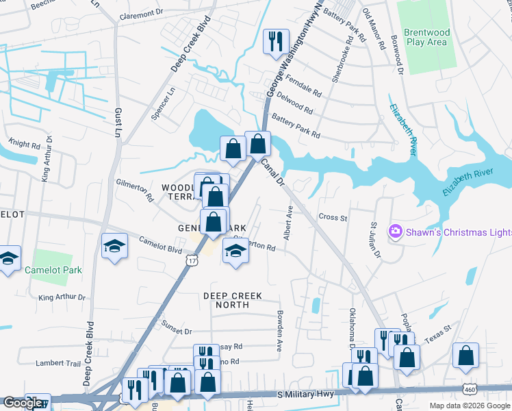 map of restaurants, bars, coffee shops, grocery stores, and more near 107 Little Branch Terrace in Chesapeake
