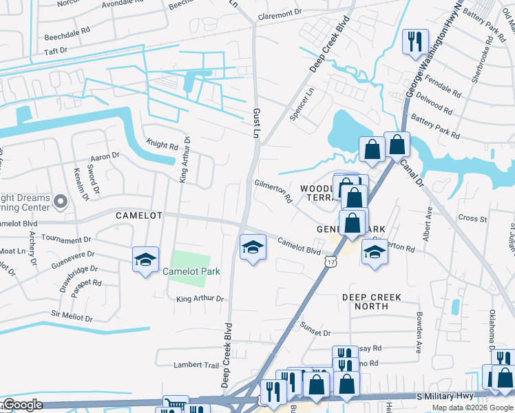 map of restaurants, bars, coffee shops, grocery stores, and more near 1117 Deep Creek Boulevard in Chesapeake