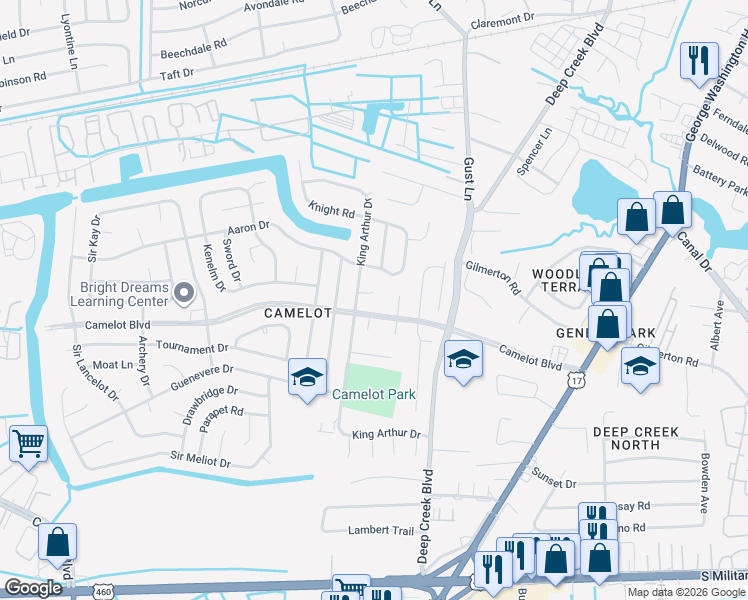 map of restaurants, bars, coffee shops, grocery stores, and more near 1022 Castle Court in Chesapeake