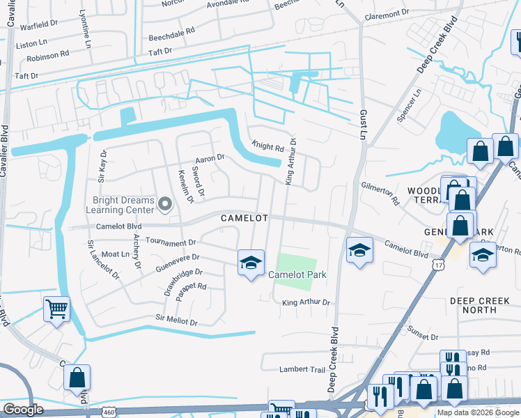 map of restaurants, bars, coffee shops, grocery stores, and more near 1041 Sean Drive in Chesapeake
