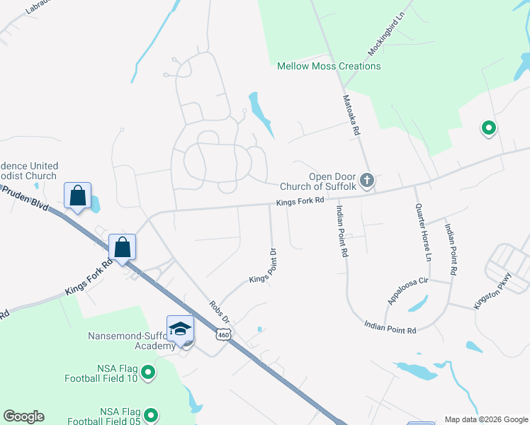 map of restaurants, bars, coffee shops, grocery stores, and more near 100 Kings Point Drive in Suffolk