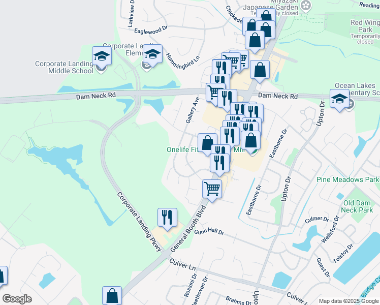 map of restaurants, bars, coffee shops, grocery stores, and more near 1628 Cassell Street in Virginia Beach