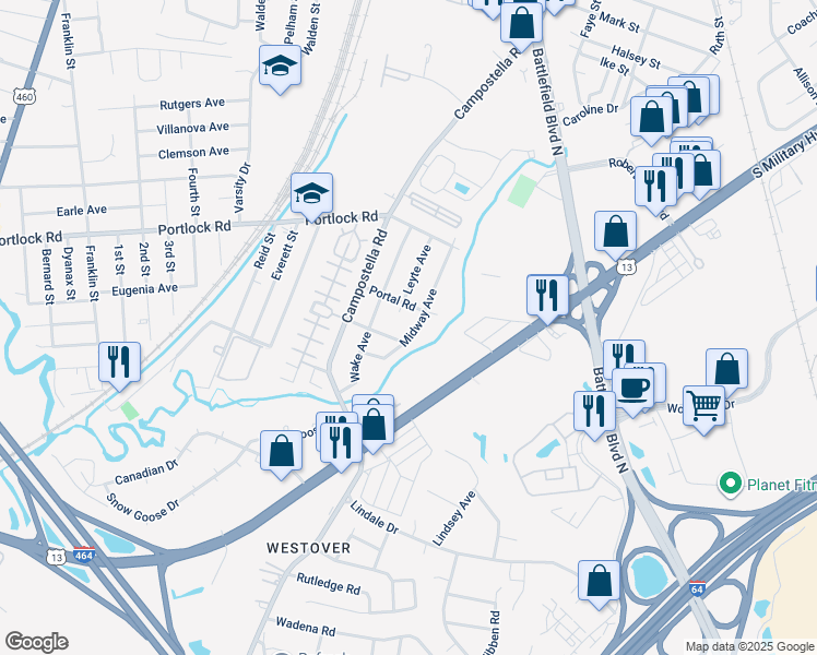 map of restaurants, bars, coffee shops, grocery stores, and more near 2014 Coral Avenue in Chesapeake