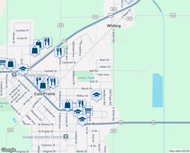 map of restaurants, bars, coffee shops, grocery stores, and more near Lee Avenue in East Prairie