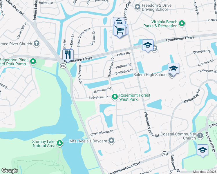 map of restaurants, bars, coffee shops, grocery stores, and more near 1808 Eddystone Lane in Virginia Beach