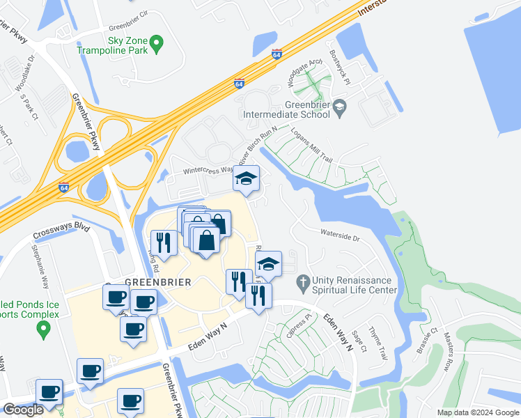 map of restaurants, bars, coffee shops, grocery stores, and more near 1604 Stone Moss Reach in Chesapeake