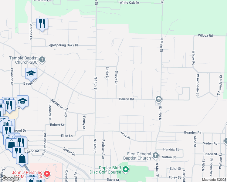 map of restaurants, bars, coffee shops, grocery stores, and more near 1343 Barron Road in Poplar Bluff