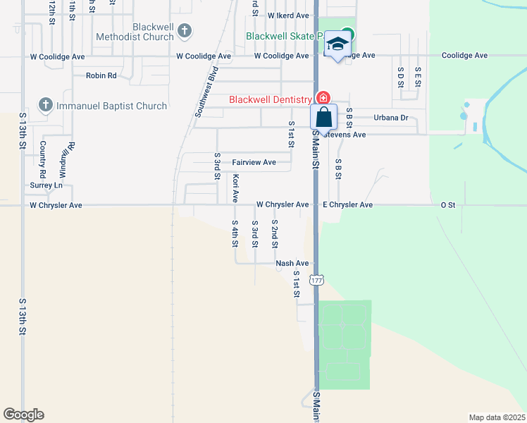map of restaurants, bars, coffee shops, grocery stores, and more near 1921 South 2nd Street in Blackwell