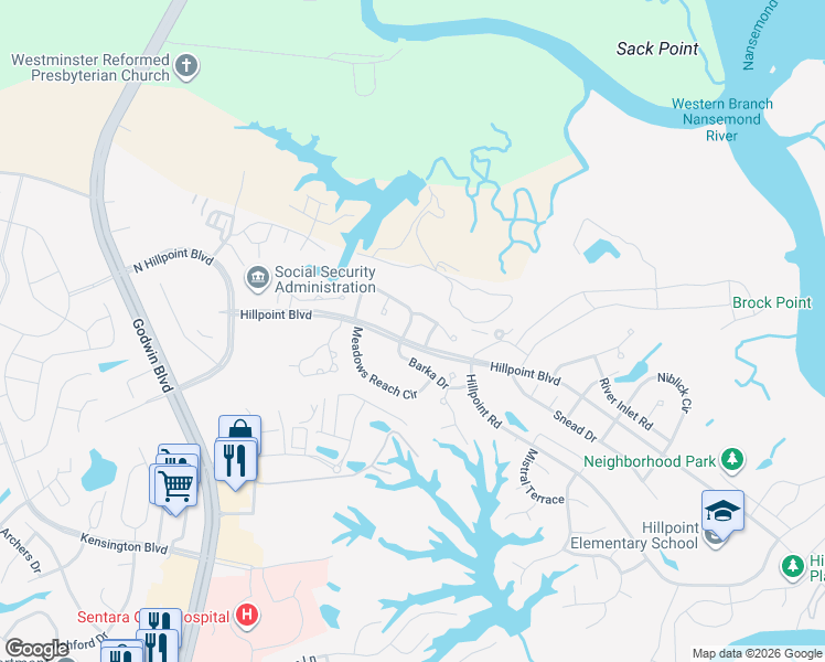 map of restaurants, bars, coffee shops, grocery stores, and more near 2005 Barka Drive in Suffolk