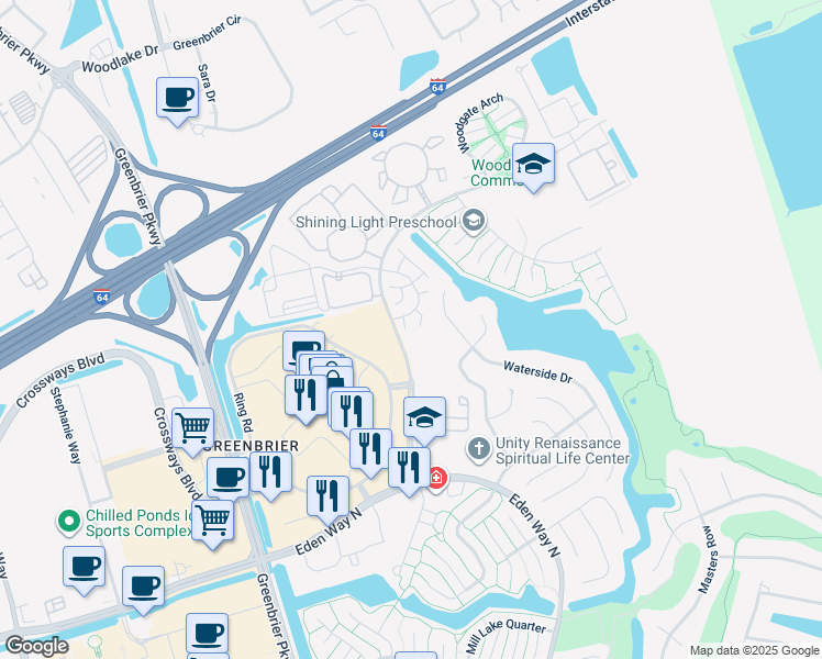 map of restaurants, bars, coffee shops, grocery stores, and more near 1604 Stone Moss Reach in Chesapeake