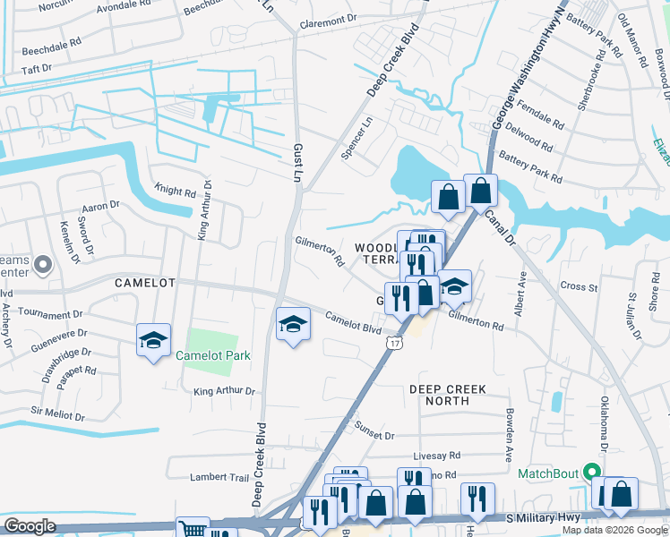 map of restaurants, bars, coffee shops, grocery stores, and more near 2640 Gilmerton Road in Chesapeake