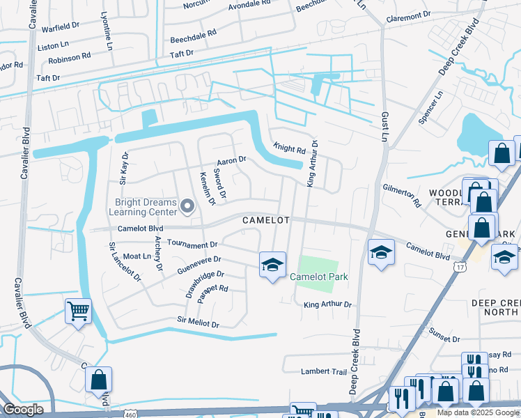 map of restaurants, bars, coffee shops, grocery stores, and more near 3012 Camelot Boulevard in Chesapeake