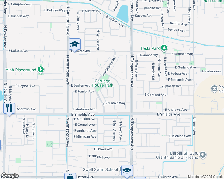 map of restaurants, bars, coffee shops, grocery stores, and more near 3205 North Dee Ann Avenue in Fresno