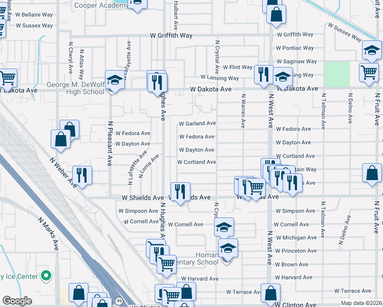 map of restaurants, bars, coffee shops, grocery stores, and more near 1905 West Cortland Avenue in Fresno