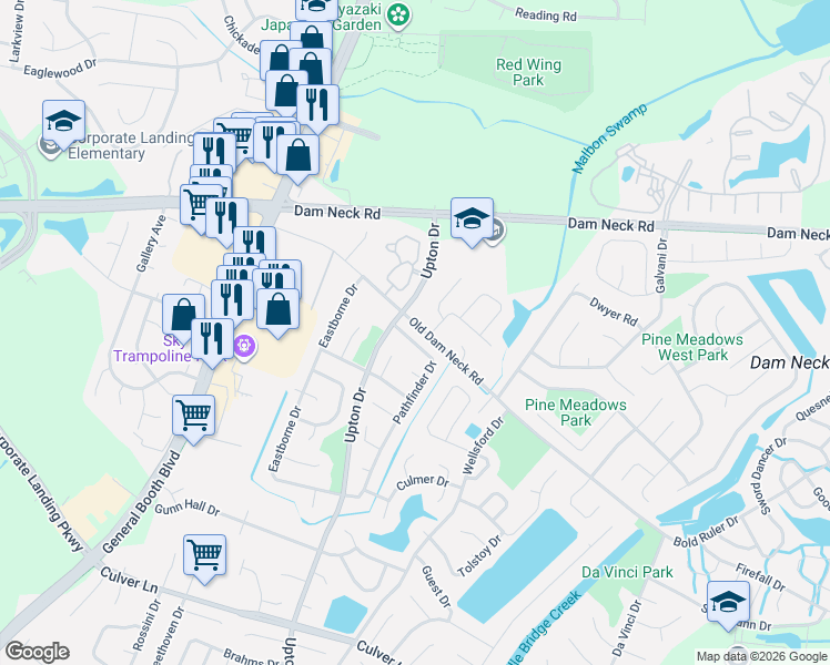 map of restaurants, bars, coffee shops, grocery stores, and more near 1704 Woodcliff Circle in Virginia Beach