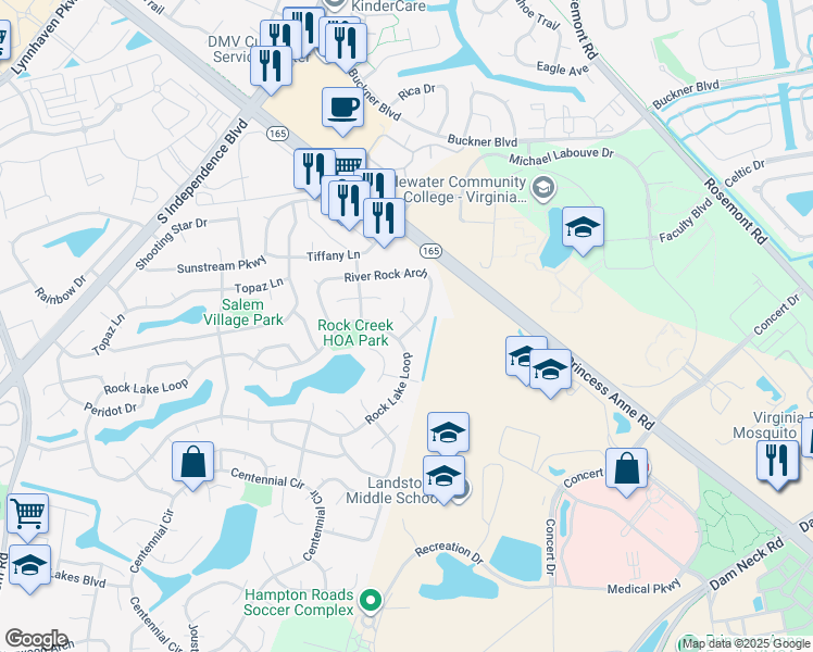 map of restaurants, bars, coffee shops, grocery stores, and more near 2084 Rock Lake Loop in Virginia Beach