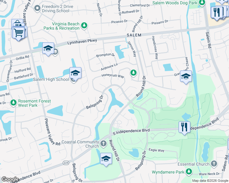 map of restaurants, bars, coffee shops, grocery stores, and more near 2069 Silver Lake Drive in Virginia Beach