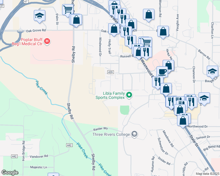 map of restaurants, bars, coffee shops, grocery stores, and more near 2601 Hickman Road in Poplar Bluff