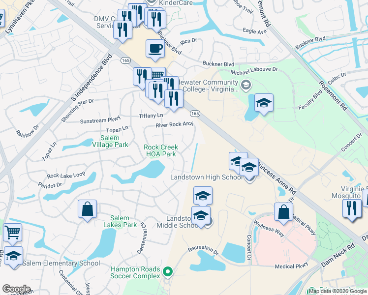 map of restaurants, bars, coffee shops, grocery stores, and more near 2084 Rock Lake Loop in Virginia Beach