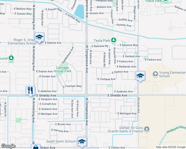 map of restaurants, bars, coffee shops, grocery stores, and more near 7035 East Dayton Avenue in Fresno