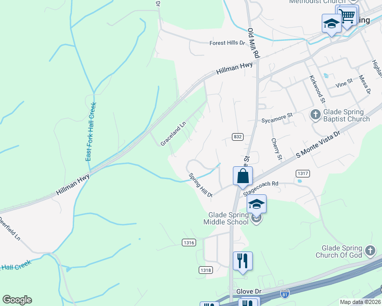 map of restaurants, bars, coffee shops, grocery stores, and more near 33519-33549 Spring Hill Drive in Glade Spring