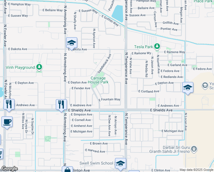map of restaurants, bars, coffee shops, grocery stores, and more near 3205 North Dee Ann Avenue in Fresno