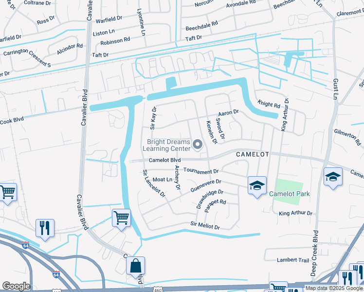 map of restaurants, bars, coffee shops, grocery stores, and more near 3200 Camelot Boulevard in Chesapeake