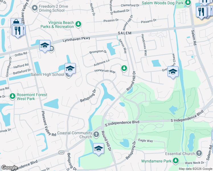 map of restaurants, bars, coffee shops, grocery stores, and more near 2069 Silver Lake Drive in Virginia Beach